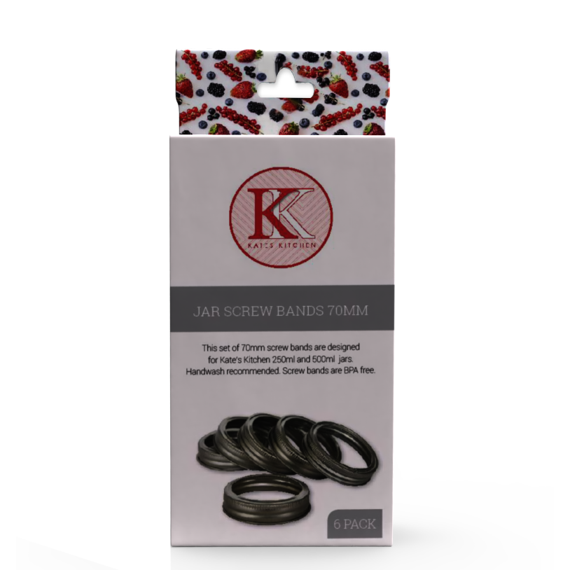Kates Kitchen replacement screw bands 70mm are an essential to any home preservers kitchen. Use with our 500ml and 250ml embossed jars