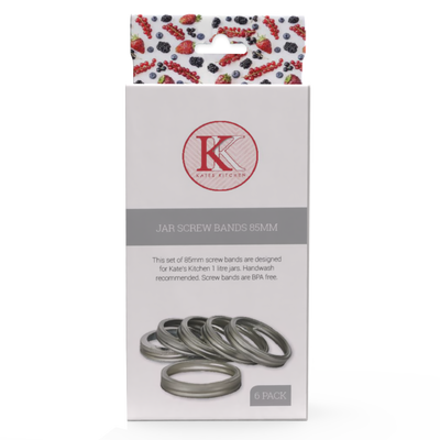 Kates Kitchen replacement screw bands 85mm are an essential to any home preservers kitchen. Use with our 1 litre embossed jars
