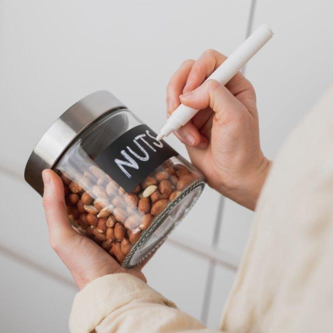 Kates Kitchen canister an all-purpose modern storage essentials in glass with tight-sealing stainless screwtop lids!