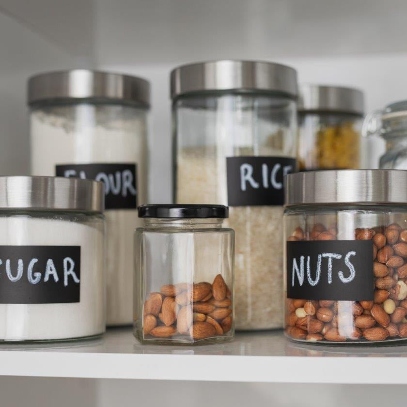 Kates Kitchen canister an all-purpose modern storage essentials in glass with tight-sealing stainless screwtop lids!